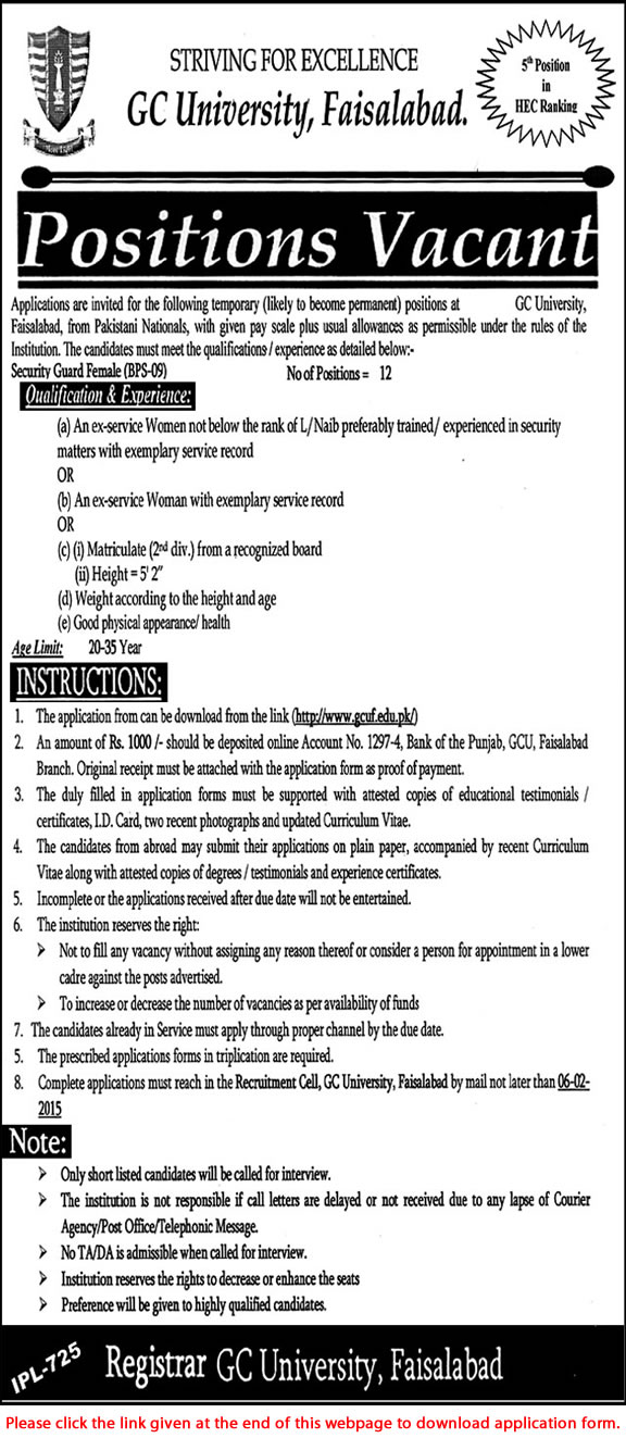 Female Security Guard Jobs in GC University Faisalabad 2015 Application Form Download Latest