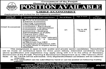 Chief Economist Jobs in Planning & Development Department Punjab 2015 Latest