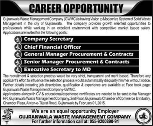 Gujranwala Waste Management Company Jobs 2015 GWMC Company Secretary, CFO & Others