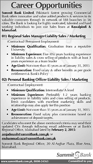 Summit Bank Jobs 2015 in Islamabad / Rawalpindi Manager & Banking Officer Liability Sales / Marketing