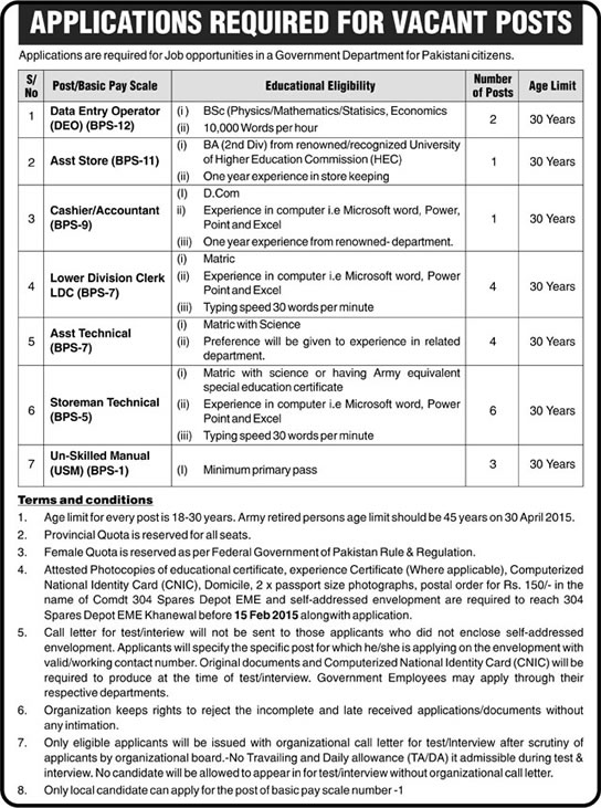 304 Spares Depot EME Khanewal Jobs 2015 Data Entry Operator, Storeman, Clerk, Assistants & Others