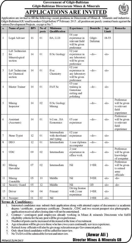 Directorate of Mines & Minerals Gilgit Baltistan Jobs 2015 Latest Advertisement