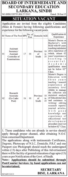 Assistant Secretary & Research Associate Jobs in BISE Larkana Sindh 2015 Latest