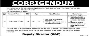 Corrigendum: PO Box 1320 GPO Lahore Jobs 2015 February Senior Law Officer