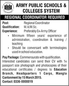 Regional Coordinator Jobs in Army Public School & College Mangla Cantt 2015 March Latest
