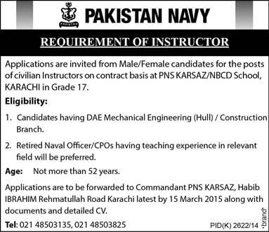 Civilian Instructor Jobs in Pakistan Navy 2015 March PNS KARSAZ / NBCD School Karachi Latest