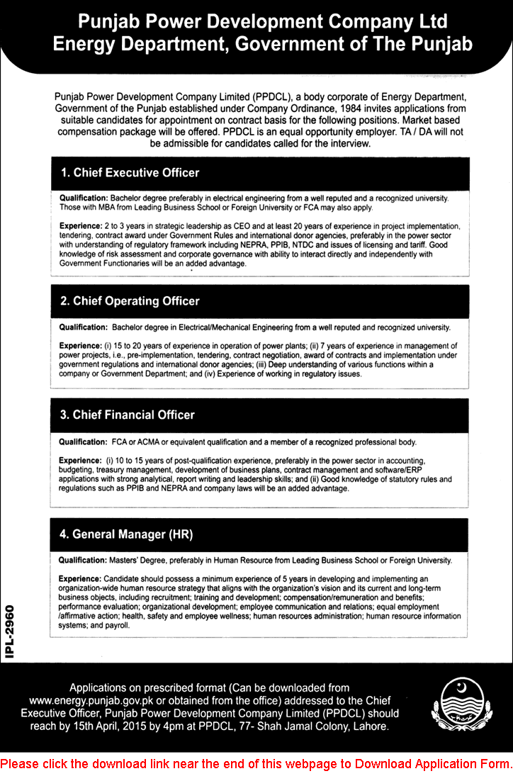 Punjab Power Development Company Jobs 2015 March Application Form CEO, COO, CFO & GM HR