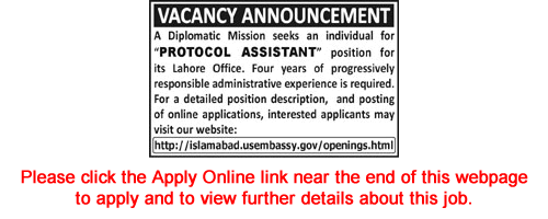 US Embassy Jobs in Lahore 2015 March Application Form Protocol Assistant for US Diplomatic Mission