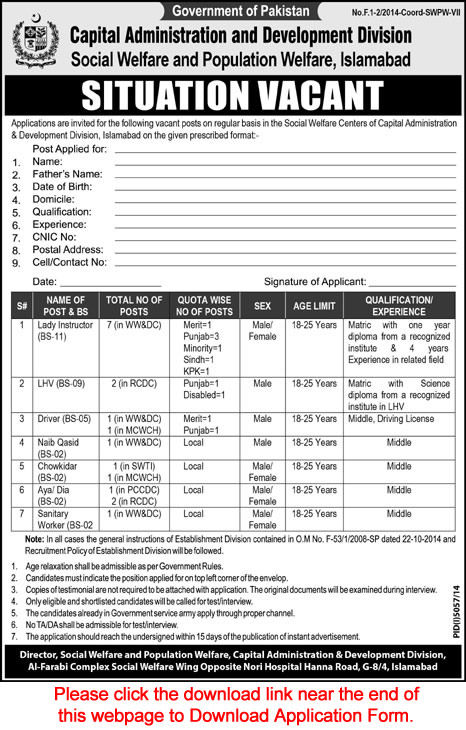 Social Welfare and Population Welfare Islamabad Jobs 2015 April CADD Application Form Download