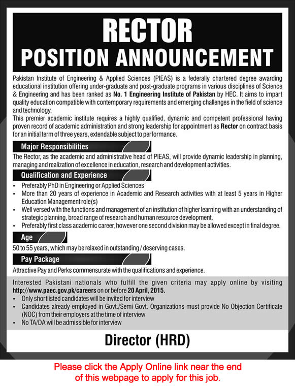 Rector Jobs in Pakistan 2015 April Apply Online PIEAS PAEC Latest