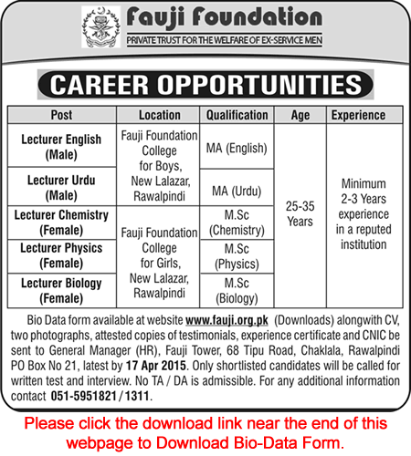 Fauji Foundation College Rawalpindi Jobs 2015 April Lecturers Application Form Download Latest