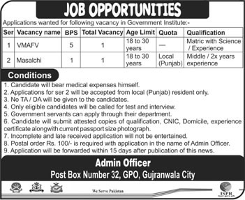 PO Box 32 GPO Gujranwala Jobs 2015 April Masalchi & Vehicle Mechanic AFV in Government Institute