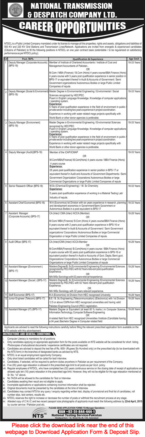 NTDC Jobs 2015 April NTS Application Form Download Deputy / Assistant Managers & Others WAPDA