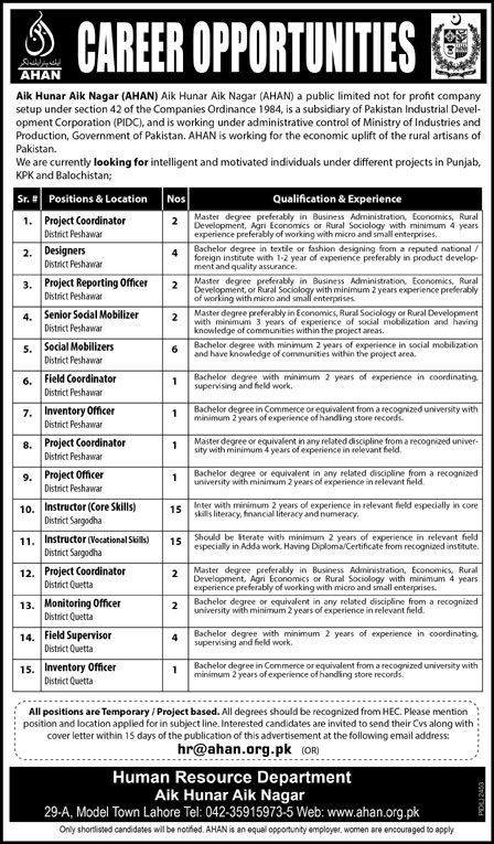 Aik Hunar Aik Nagar Pakistan Jobs 2015 April AHAN Instructors, Social Mobilizers, Designers & Others