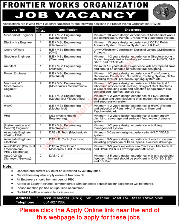 Job Vacancies in FWO Pakistan 2015 May Apply Online Frontier Works Organization Latest