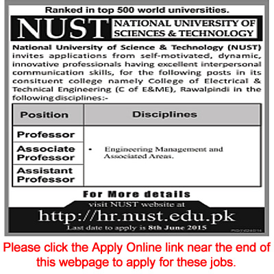 Teaching Faculty Jobs in NUST 2015 May Apply Online Professors in College of E&ME Rawalpindi