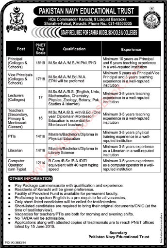 Latest Jobs in Pakistan Navy Educational Trust Karachi 2015 May Teaching Faculty & Admin Staff