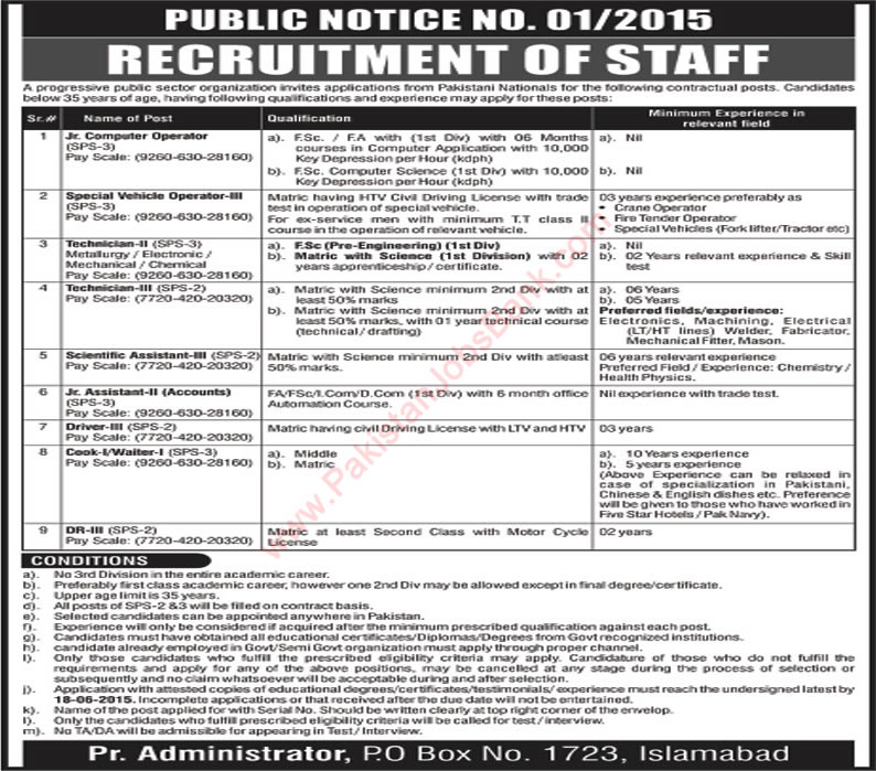 PO Box 1723 Islamabad Jobs 2015 May in Progressive Public Sector Organization Latest