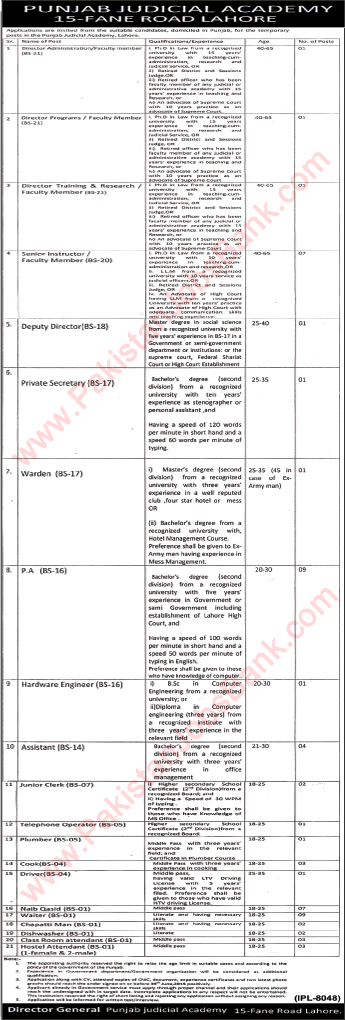 Punjab Judicial Academy Lahore Jobs 2015 June Directors, Personal Assistants, Naib Qasid & Others