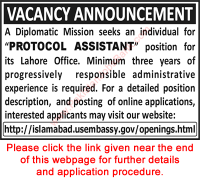 US Embassy Lahore Jobs 2015 June Protocol Assistant for US Diplomatic Mission Application Form