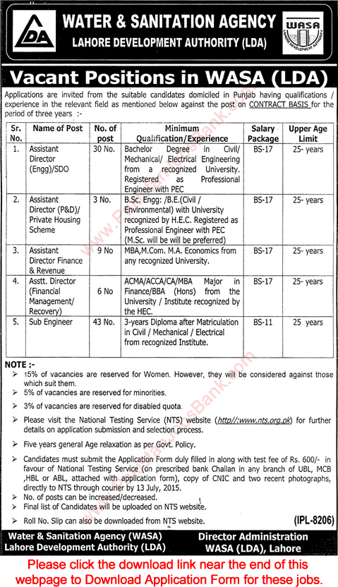 WASA Lahore Jobs 2015 June LDA Sub Engineers, SDO & Assistant Directors Latest