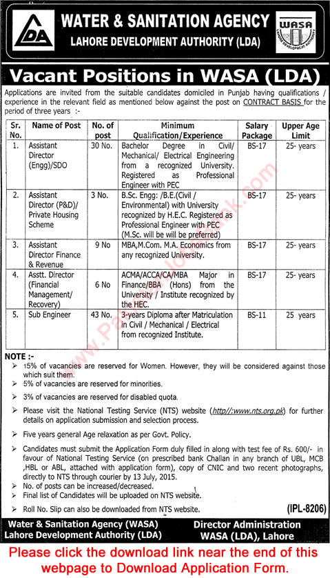 WASA Lahore Jobs June 2015 LDA NTS Application Form Download Latest Advertisement