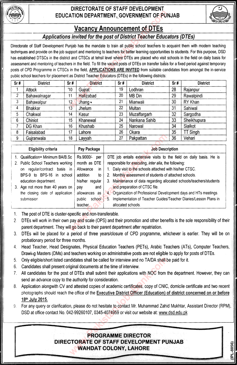 Directorate of Staff Development Punjab Jobs 2015 July DTE / District Teacher Educators