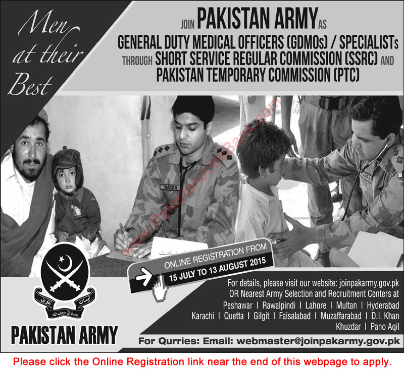 Join Pakistan Army as GDMO & Specialist 2015 July Online Registration SSRC / PTC as Captain & Major Latest
