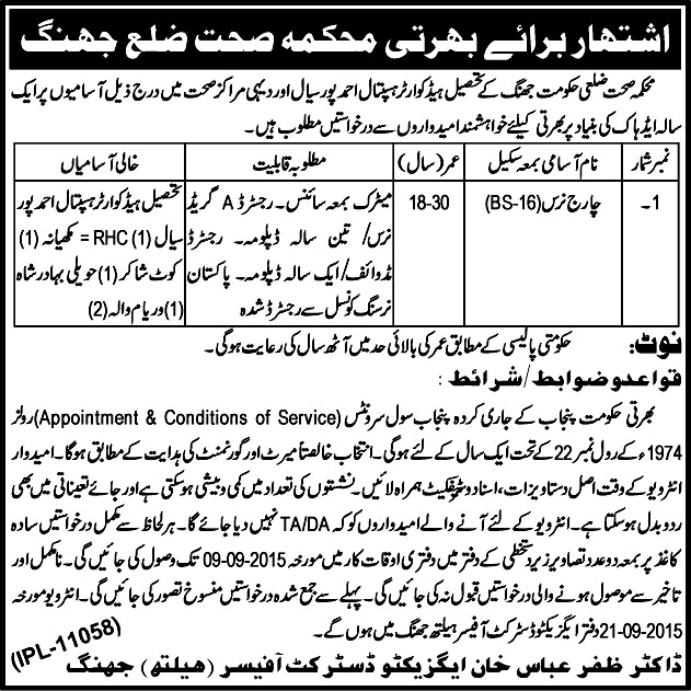Charge Nurse Jobs in Jhang Health Department 2015 August Latest Advertisement