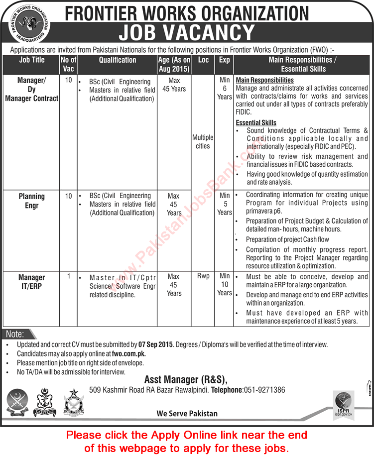 Frontier Works Organization Jobs 2015 August / September FWO Apply Online Civil Engineers & Manager