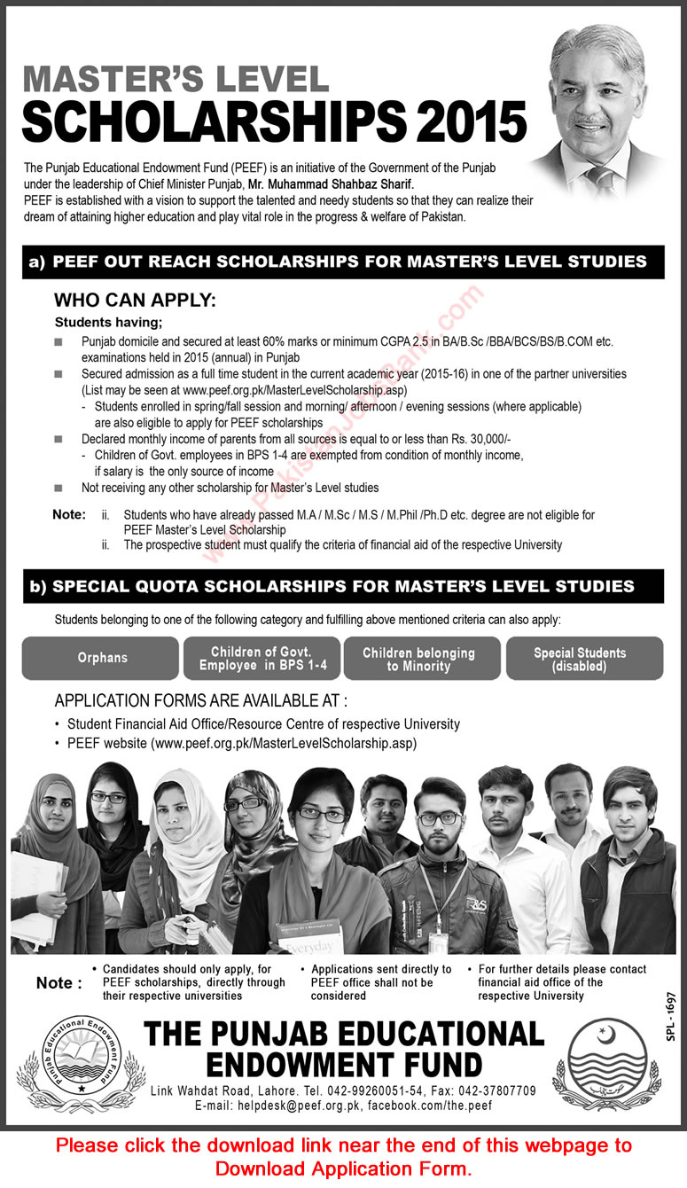 PEEF Scholarships for Masters 2015 August / September Application Form Download Latest