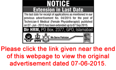 PO Box 2377 GPO Islamabad Jobs 2015 August / September Extension in Last Date New Advertisement