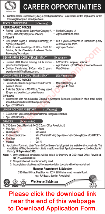 Canteen Store Department Rawalpindi Jobs 2015 September CSD Application Form Computer Assistants & Others