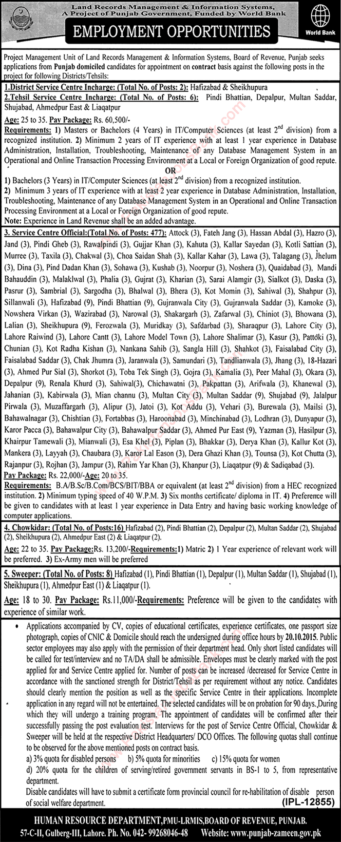 Land Record Management Information System Jobs October 2015 Punjab Latest Advertisement