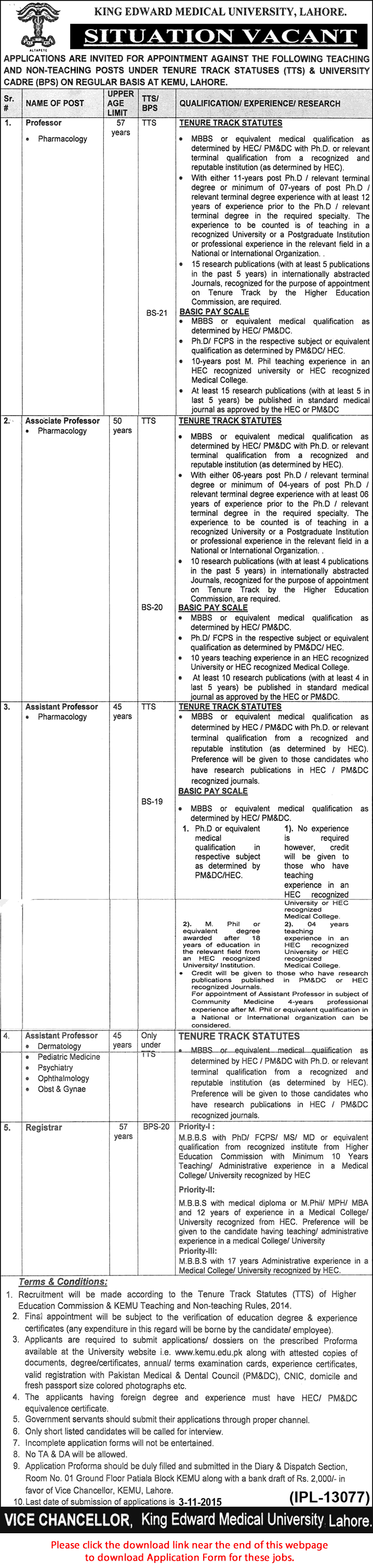 King Edward Medical University Lahore Jobs 2015 October KEMU Application Form Teaching Faculty
