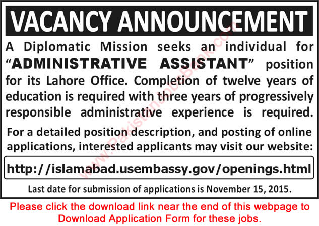 Admin Assistant Jobs in US Embassy Lahore 2015 November Application Form Download Latest