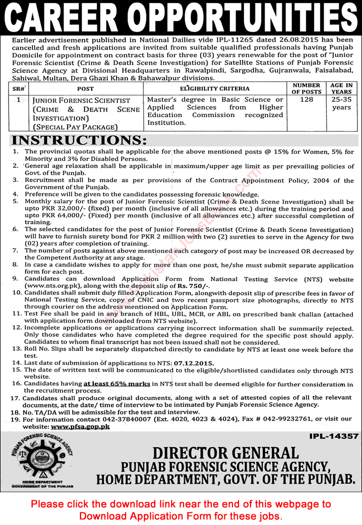 Punjab Forensic Science Agency Jobs November 2015 NTS Junior Forensic Scientist Application Form Download Latest