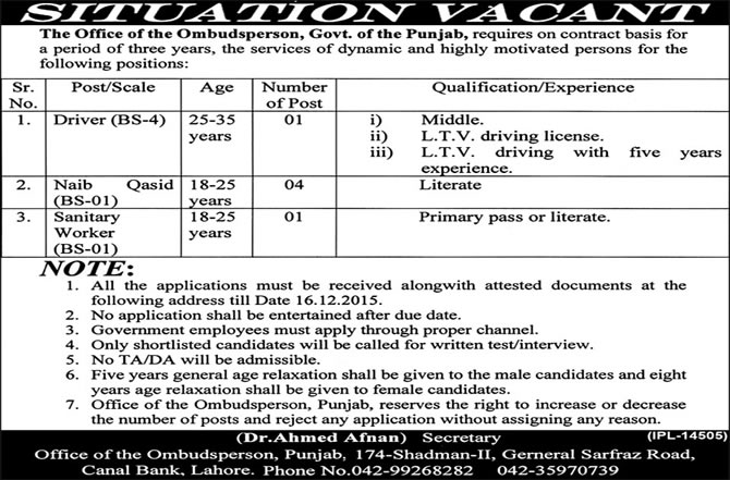 Ombudsman Punjab Lahore Jobs 2015 November Office of the Ombudsperson Latest