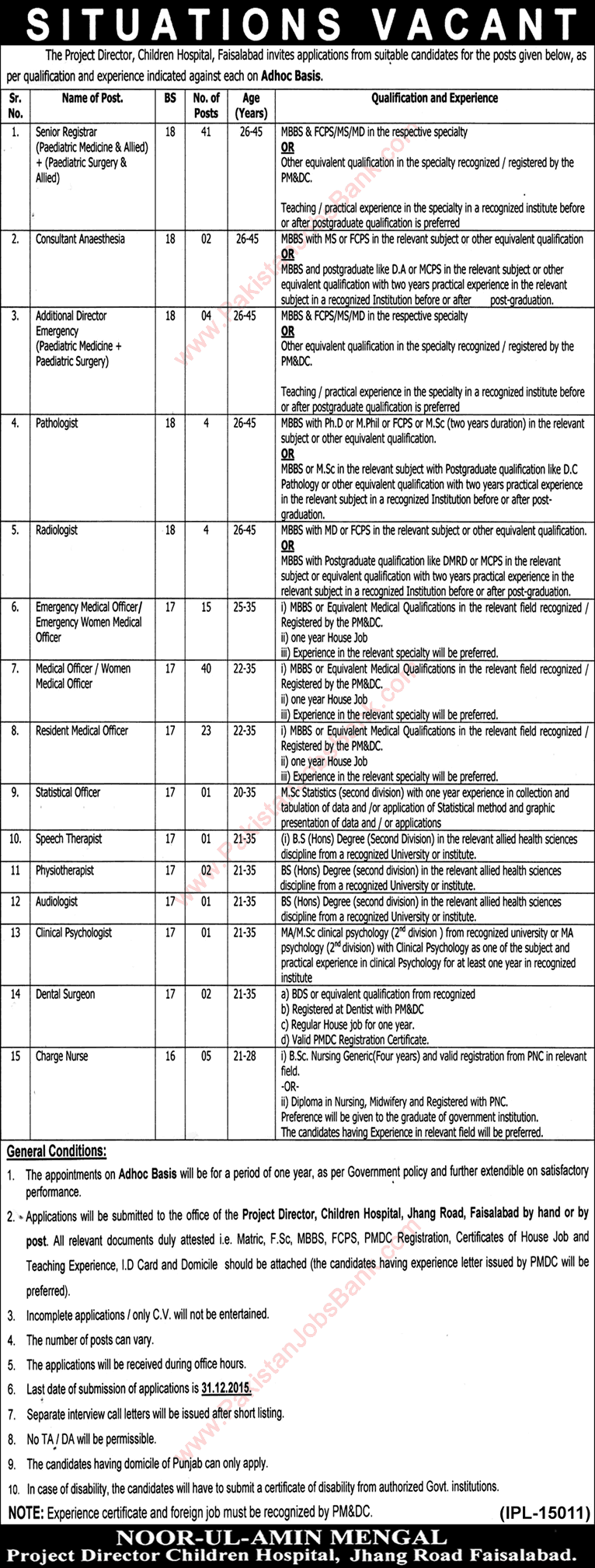 Children's Hospital Faisalabad Jobs 2015 December Medical Officers, Senior Registrars, Nurses & Others Latest