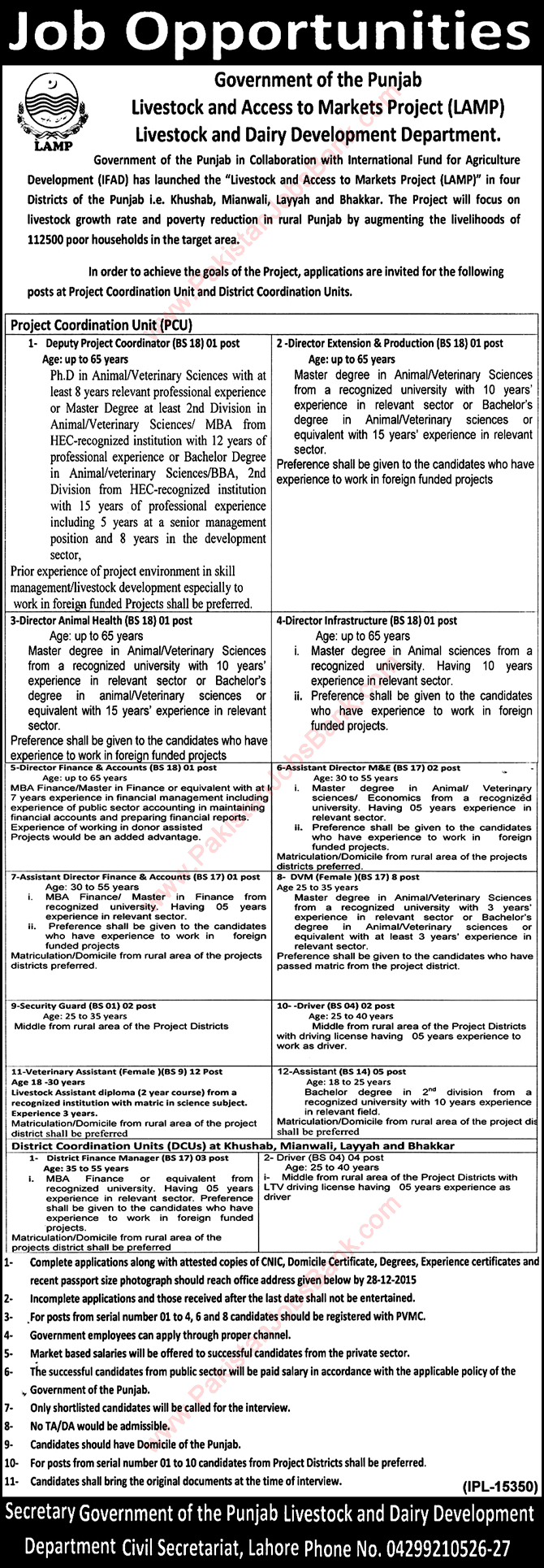 Livestock and Dairy Development Department Punjab Jobs December 2015 LAMP Project DVM, Veterinary Assistants & Others