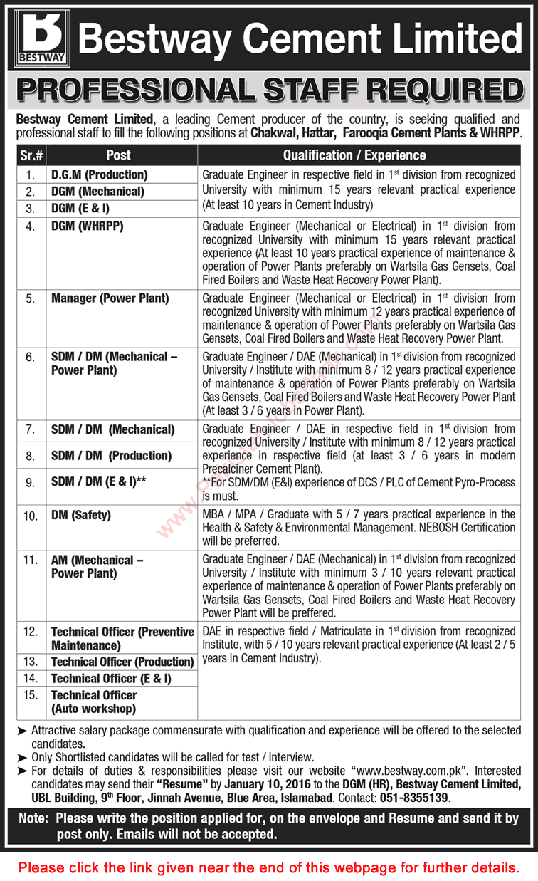 Bestway Cement Jobs December 2015 / 2016 Engineers Latest at Chakwal, Hattar and Farooqia Plants & WHRPP