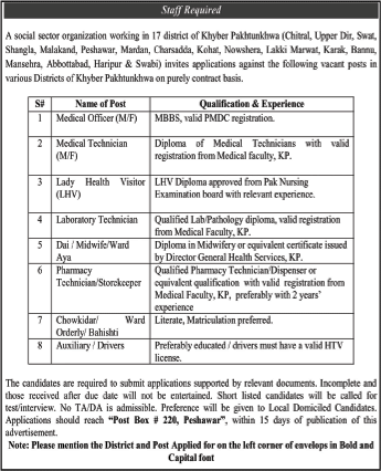 PO Box 220 Peshawar Jobs 2016 Medical Officers, Technicians, Lady Health Visitors & Others Latest