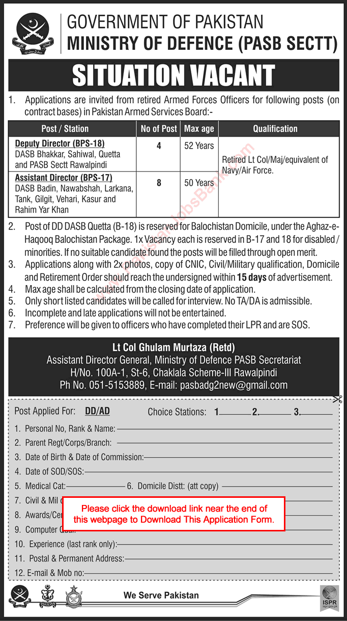 Pakistan Armed Services Board Jobs 2016 Application Form Directors PASB Ministry of Defence Latest