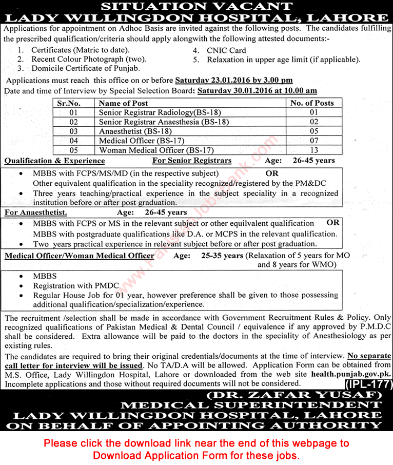Lady Willingdon Hospital Lahore Jobs 2016 Application Form Medical Officers & Specialists Latest