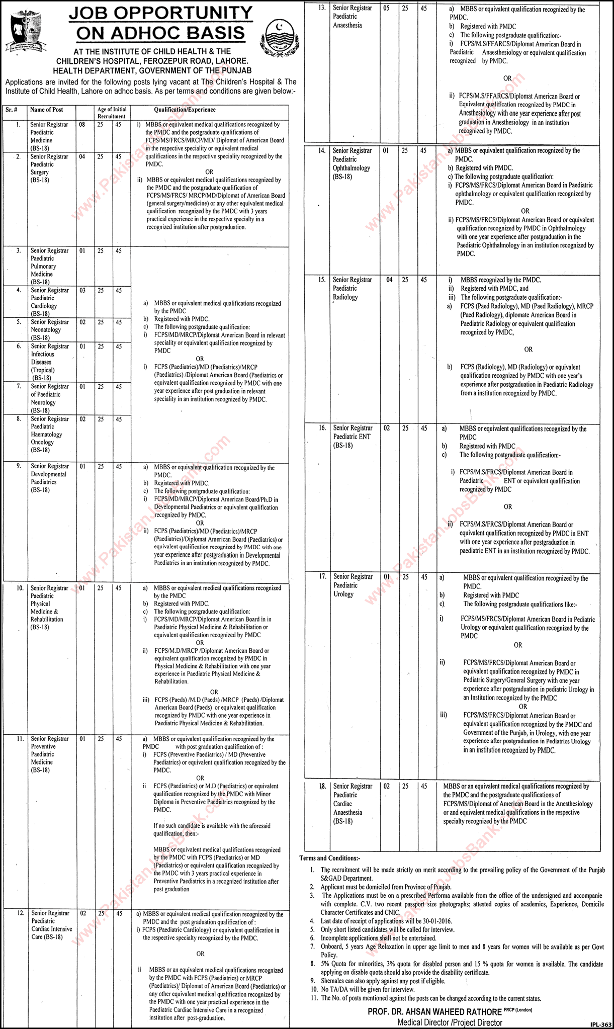 Children's Hospital Lahore Jobs 2016 Senior Registrars at The Institute of Child Health CHICH Latest