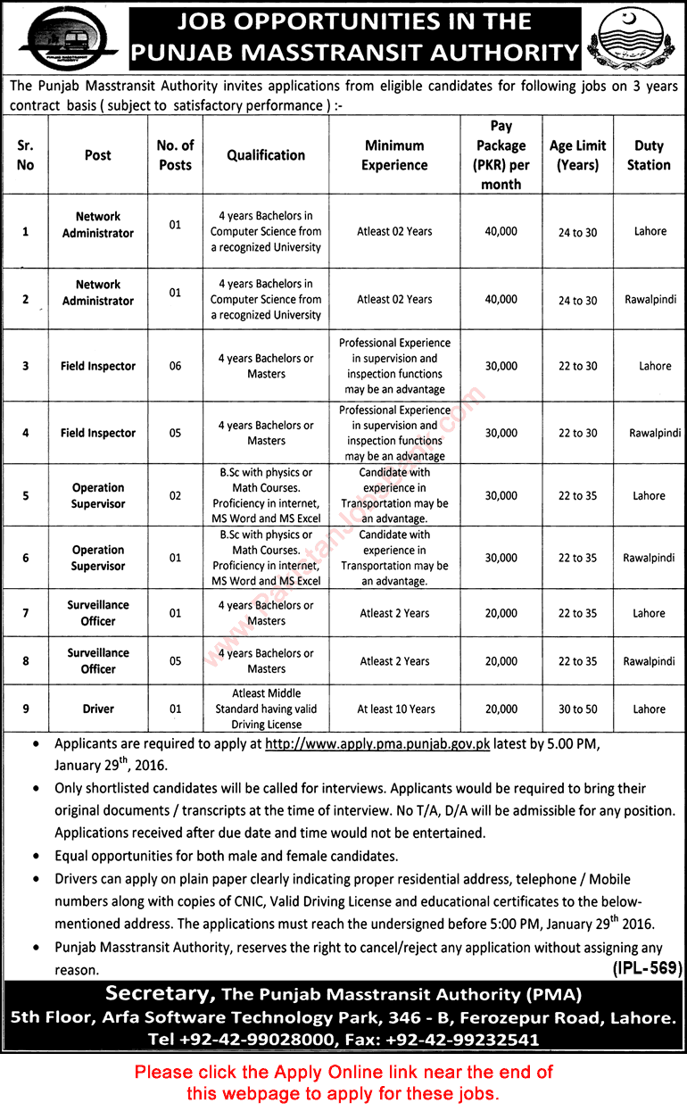 Punjab Metrobus Authority Jobs 2016 Apply Online Masstransit Field Inspectors, Surveillance Officers & Others Latest