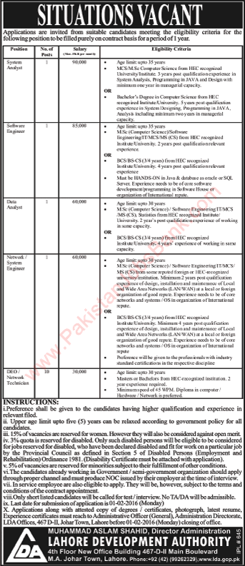 Lahore Development Authority Jobs 2016 LDA Data Entry Operators / Network Technicians & Others Latest