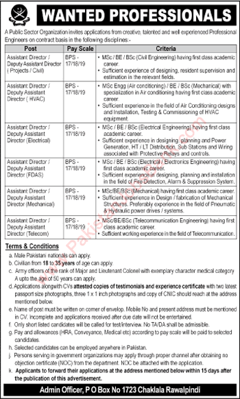 PO Box 1723 Rawalpindi Jobs 2016 Engineers in Public Sector Organization Latest