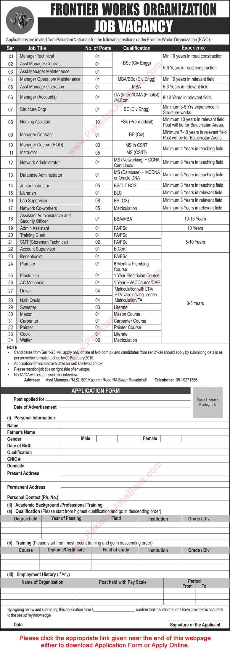 FWO Jobs 2016 Online Application Form Download Frontier Works Organization Latest Advertisement