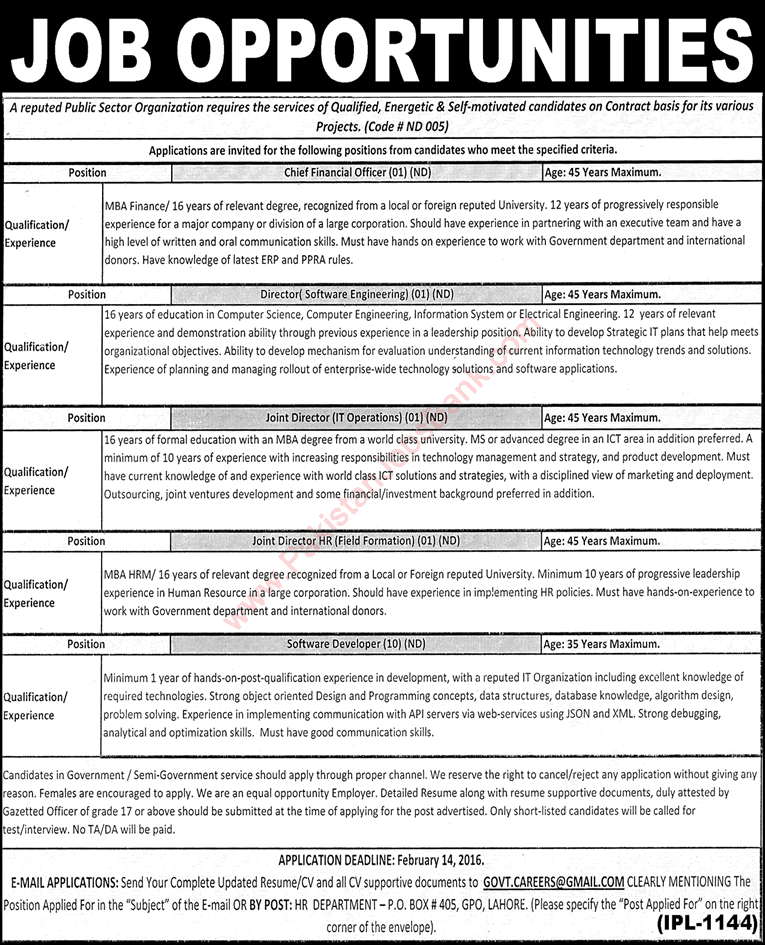 PO Box 405 GPO Lahore Jobs 2016 February Punjab Information Technology Board Latest